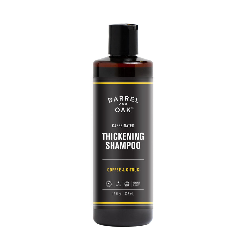 Barrel & Oak caffeinated shampoo bottle close-up for daily cleansing