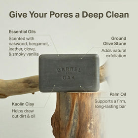 Barrel & Oak olive stone particles on soap signal natural scrub action.