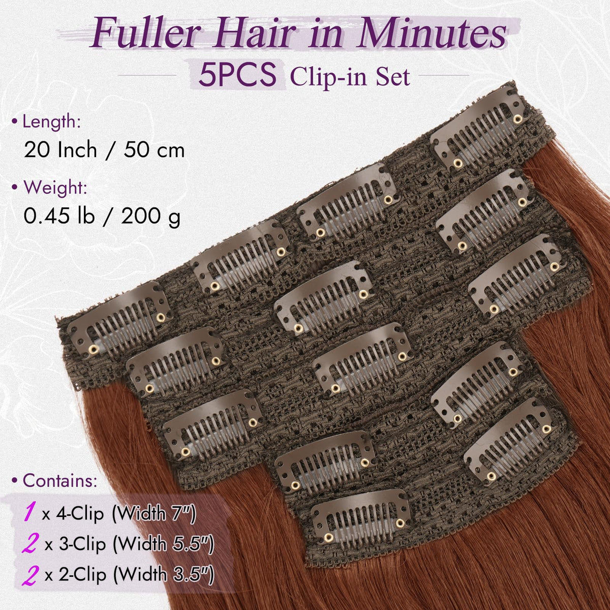 BARSDAR auburn clip-in extensions with soft synthetic fibers blend naturally for a seamless look.