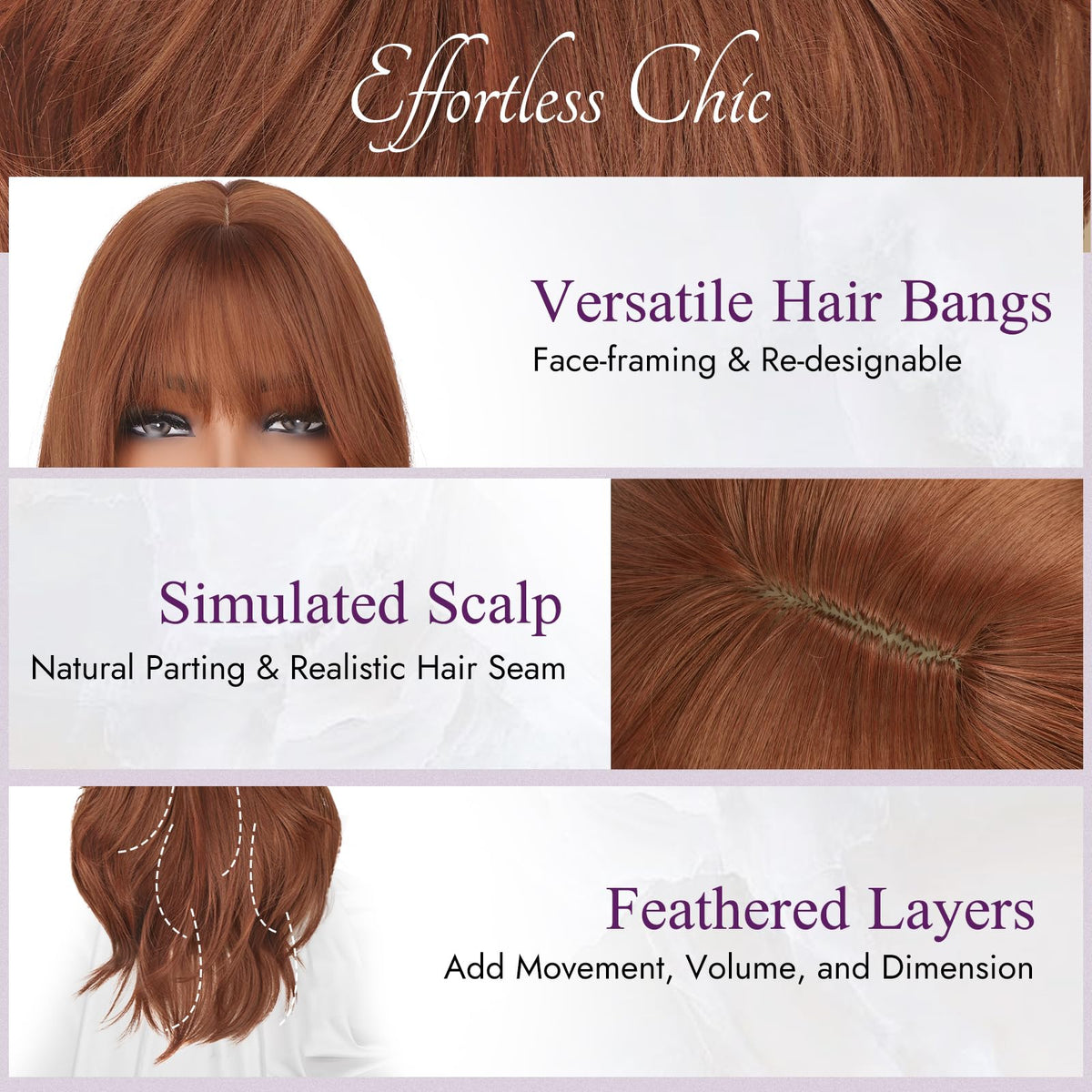 BARSDAR Auburn layered wig with bangs back view, seamless look from behind.