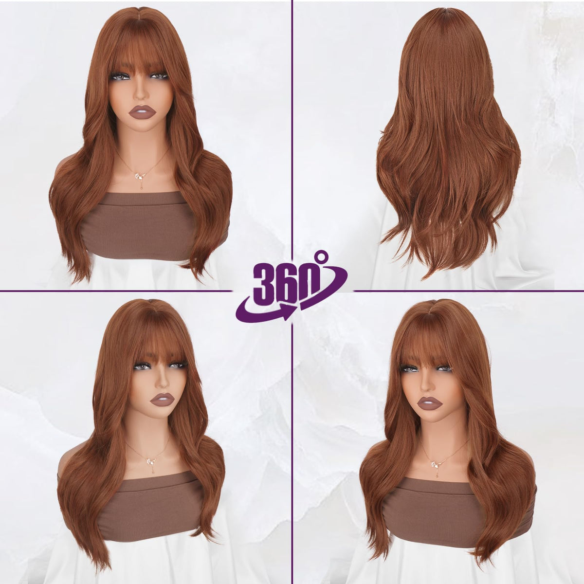 BARSDAR Auburn layered wig with bangs closeup texture, soft heat-resistant fibers.