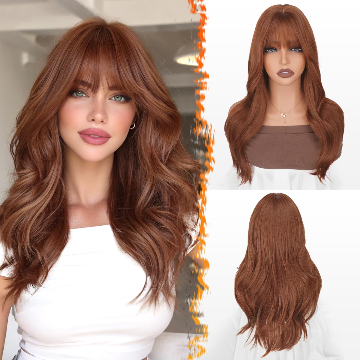 BARSDAR Auburn layered wig with bangs front view, natural look and easy styling.