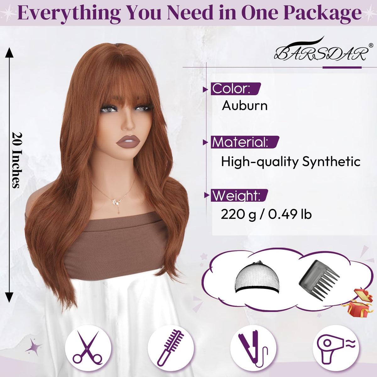 BARSDAR Auburn layered wig with bangs side view, adds movement for versatile styling.