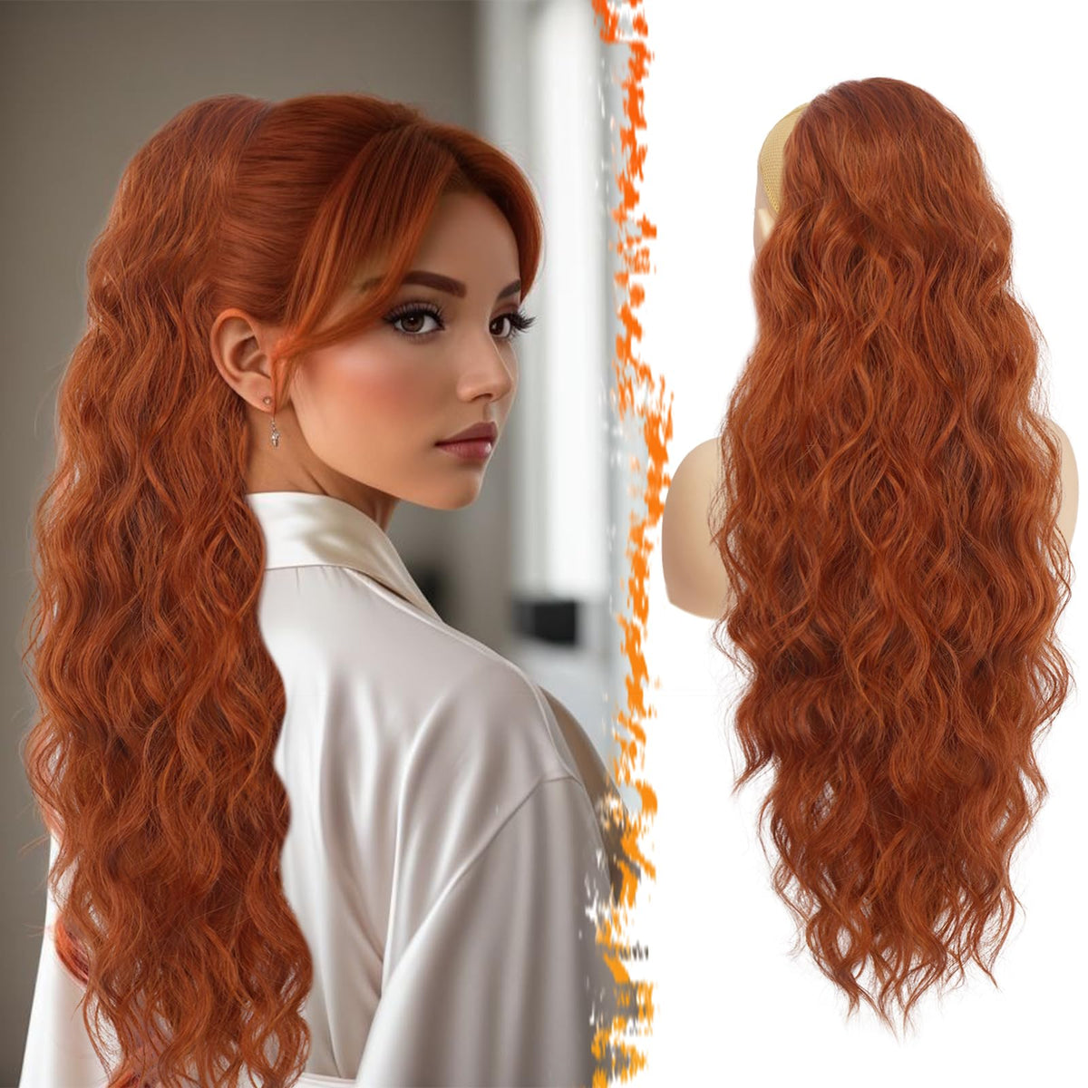 BARSDAR copper red ponytail extension close-up, 26-inch wavy texture