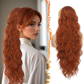 BARSDAR copper red ponytail extension close-up, 26-inch wavy texture