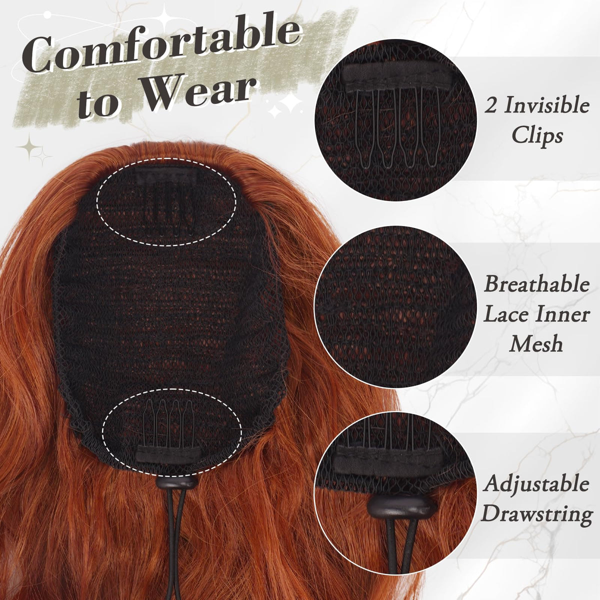 BARSDAR copper red ponytail extension being clipped in for secure, natural blend