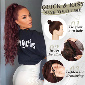 BARSDAR copper red ponytail worn on model with flowing waves