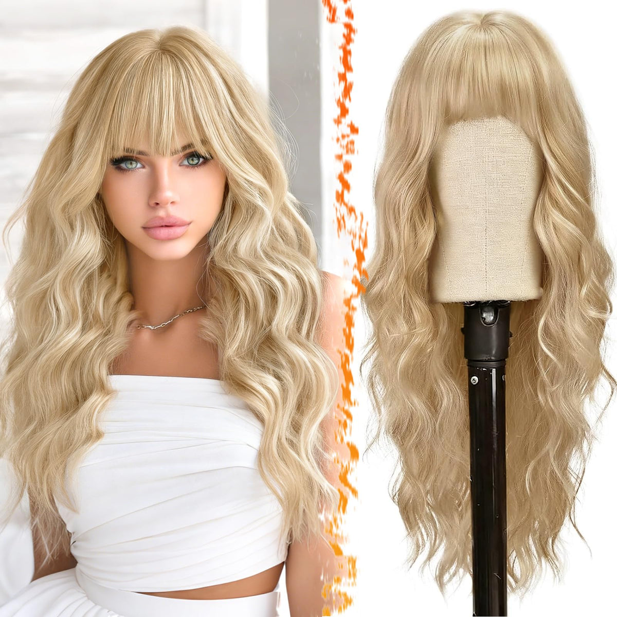 BARSDAR long wavy blonde wig with bangs; 26 inches for natural daily-wear volume.