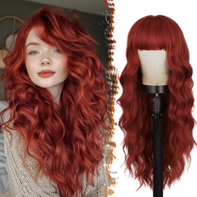 BARSDAR long wavy copper red wig with bangs close-up shows glossy waves for daily style.