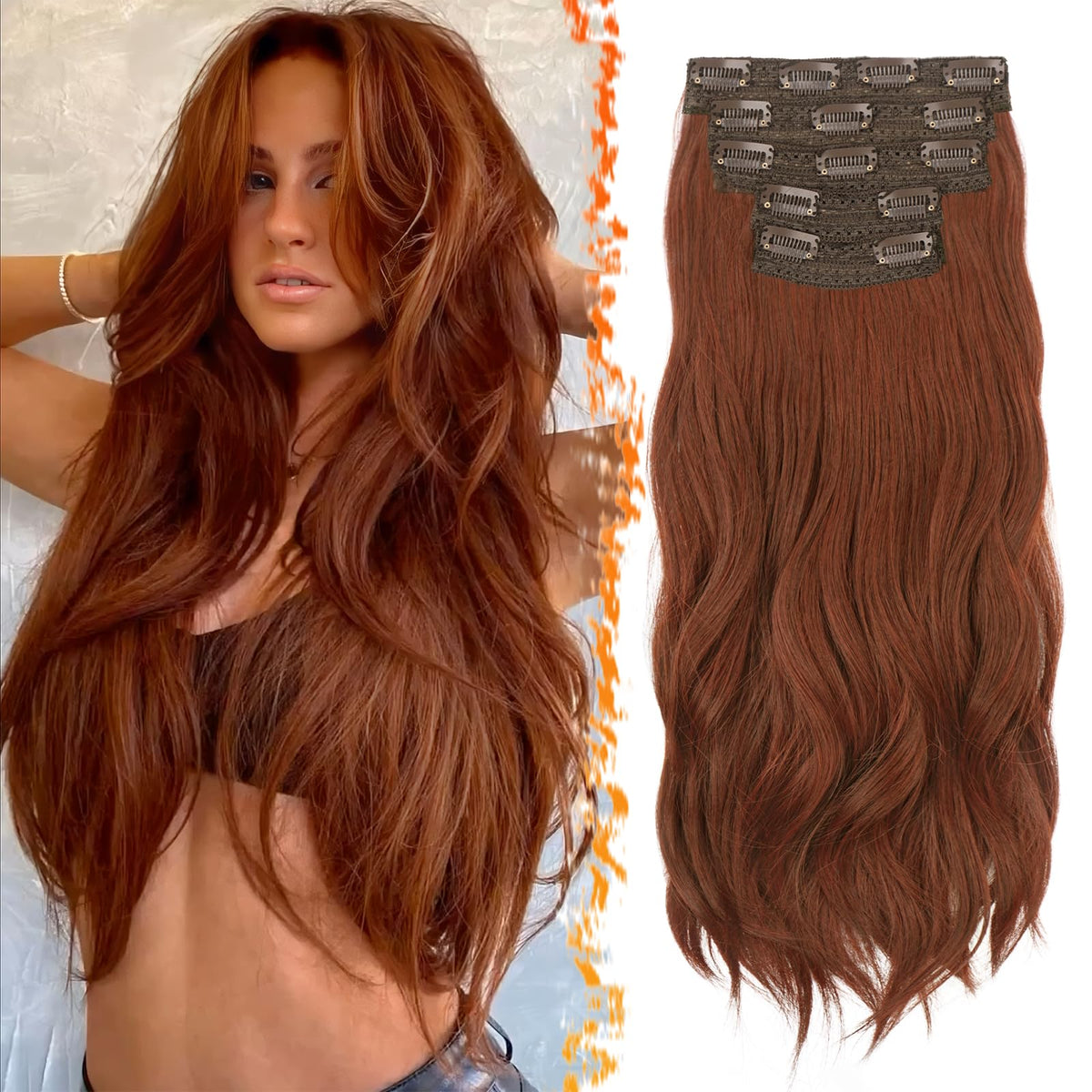 BARSDAR medium auburn clip-in hair extensions for instant volume and length, 20 inches.