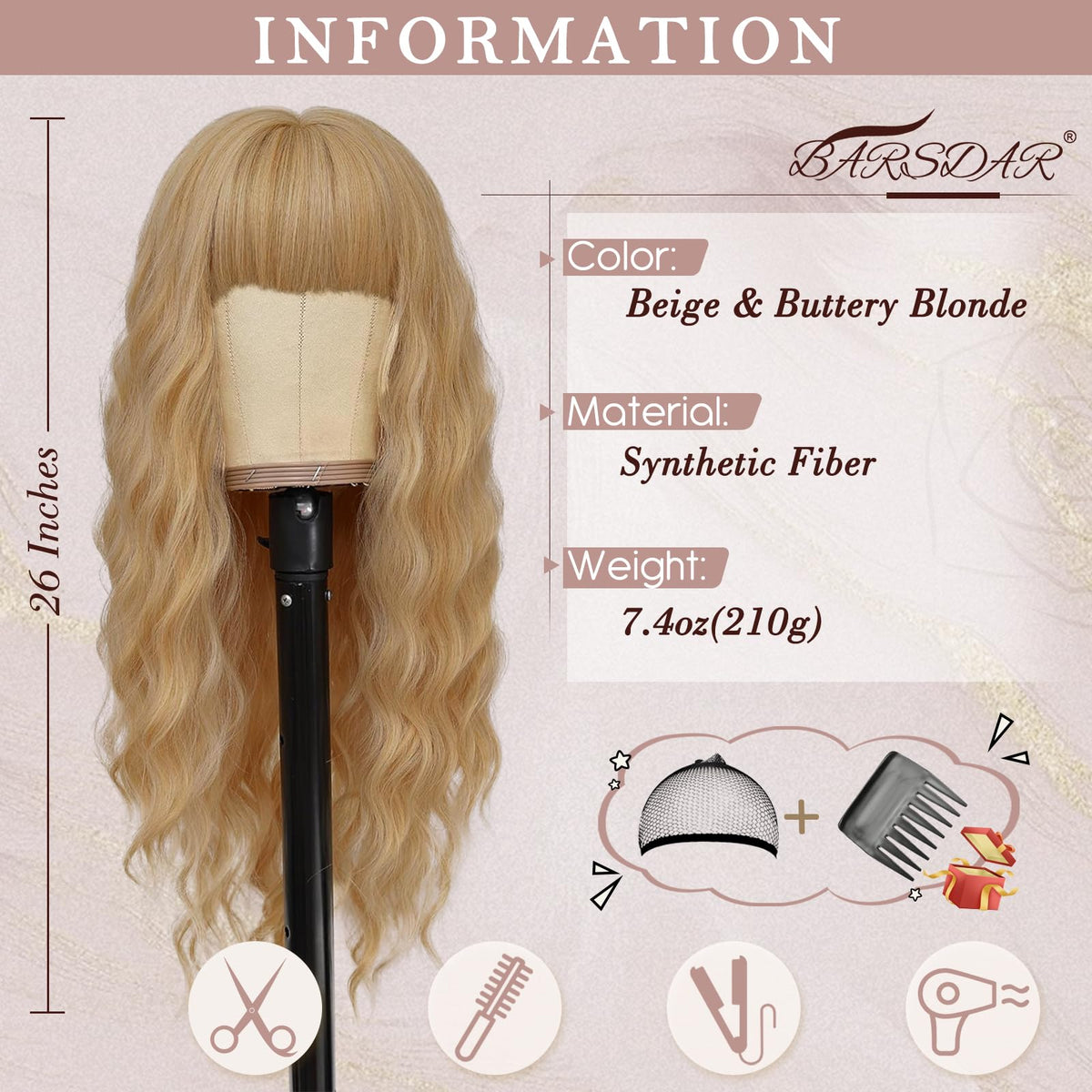 BARSDAR wig with bangs and face-framing waves for versatile styling options.