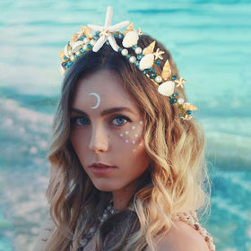 BARTOSI seashell headband close-up showing intricate beading.