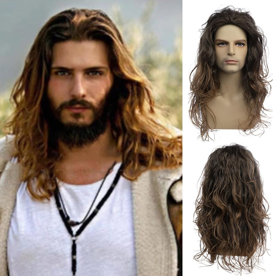 Baruisi long curly brown wig for men, front view showing natural texture