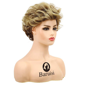 Baruisi short fluffy brown wig on model demonstrates soft heat-resistant fibers