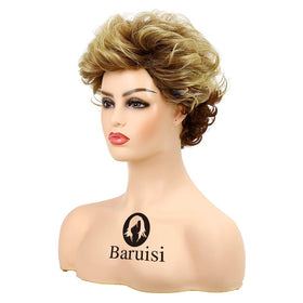 Baruisi brown mixed blonde wig flat lay highlighting adjustable cap compatibility