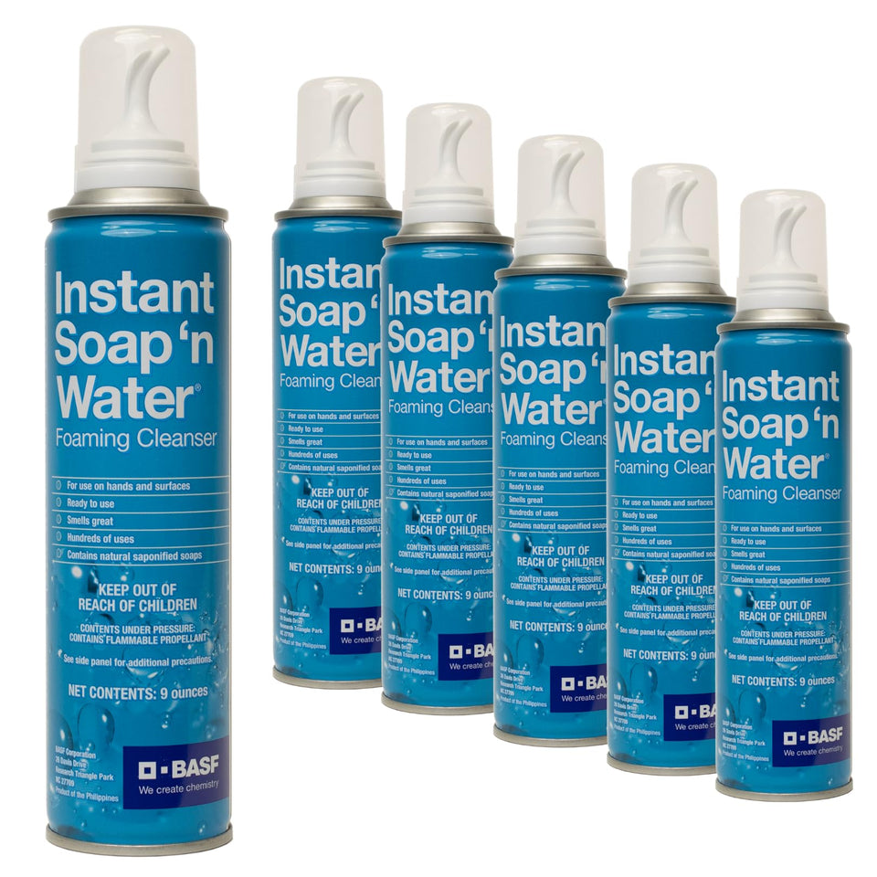 BASF Instant Soap n Water can front view, compact travel-size cleanliness on the go