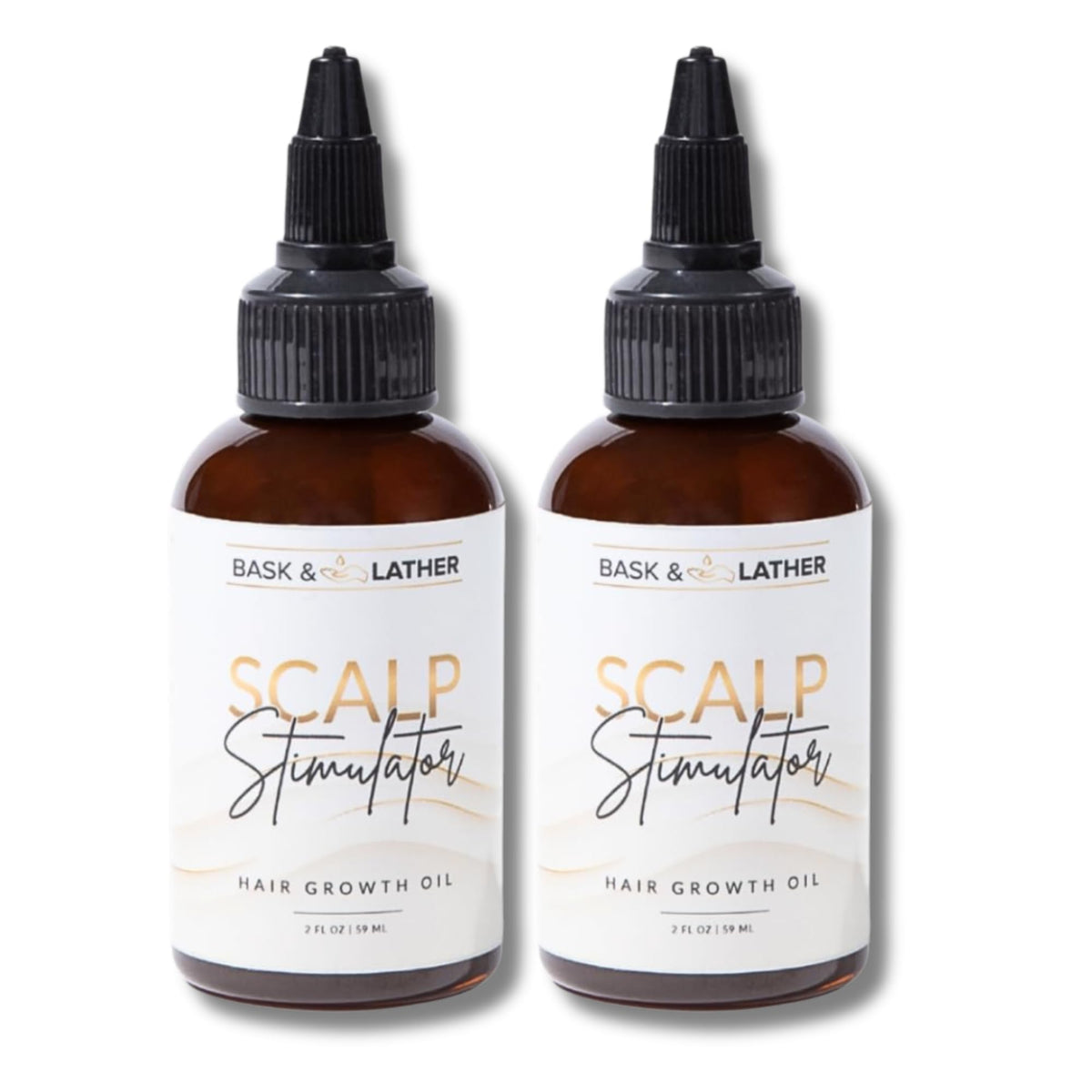 Bask and Lather Scalp Stimulator oil bottle for daily use promotes hair vitality.