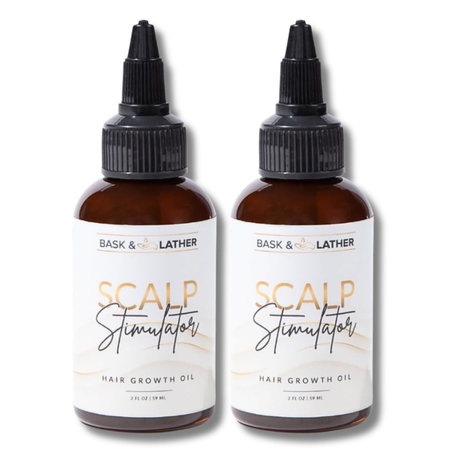Bask and Lather Scalp Stimulator oil bottle for daily use promotes hair vitality.