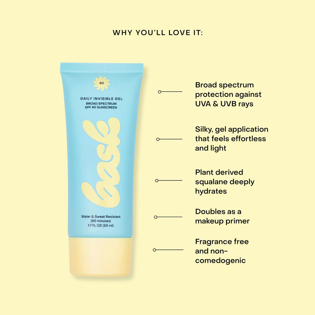 Bask fragrance-free hydrating gel sunscreen shown for sensitive skin use