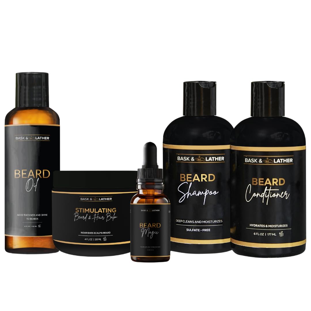 Bask & Lather beard oil bottle for smoother, well-groomed facial hair.