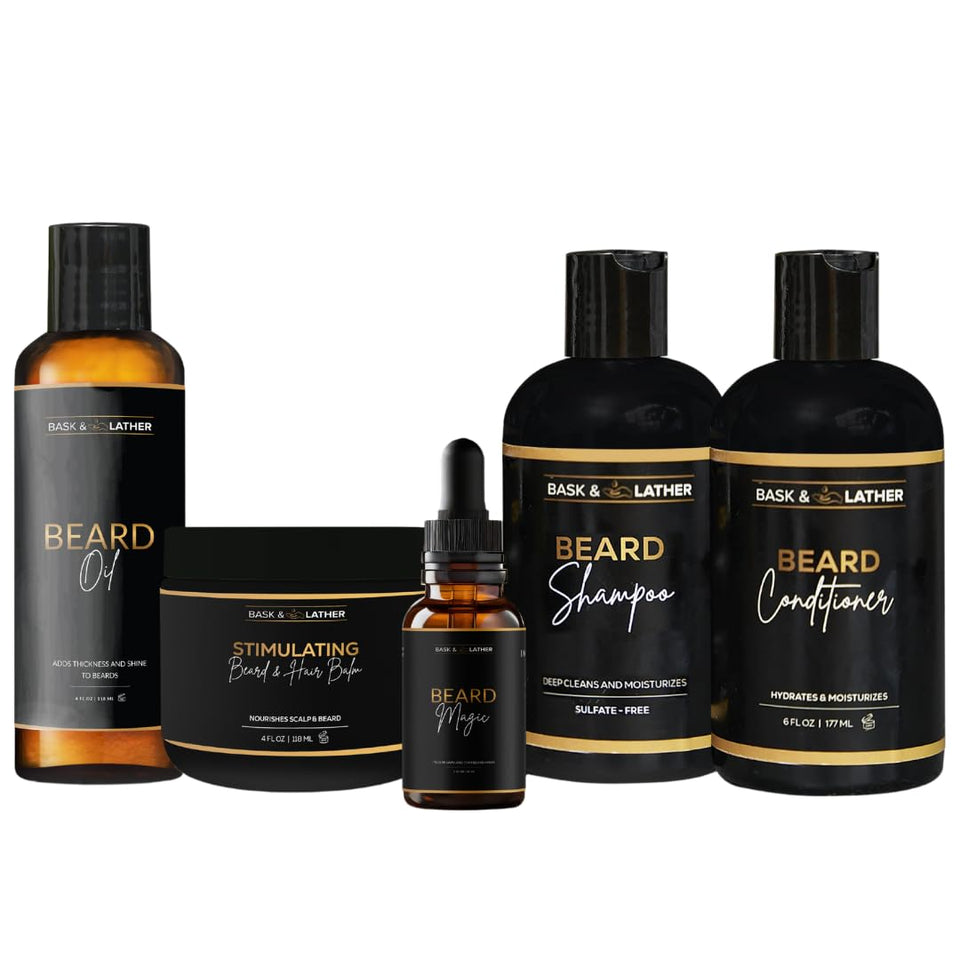 Bask & Lather beard oil bottle for smoother, well-groomed facial hair.