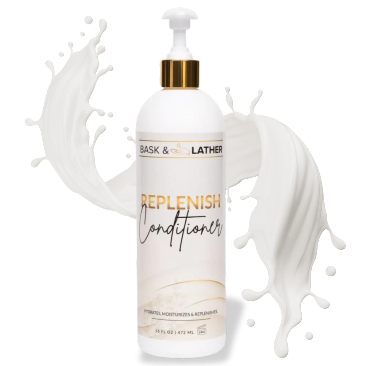 BASK AND LATHER Replenish Conditioner bottle displays deep hydration for detangling.