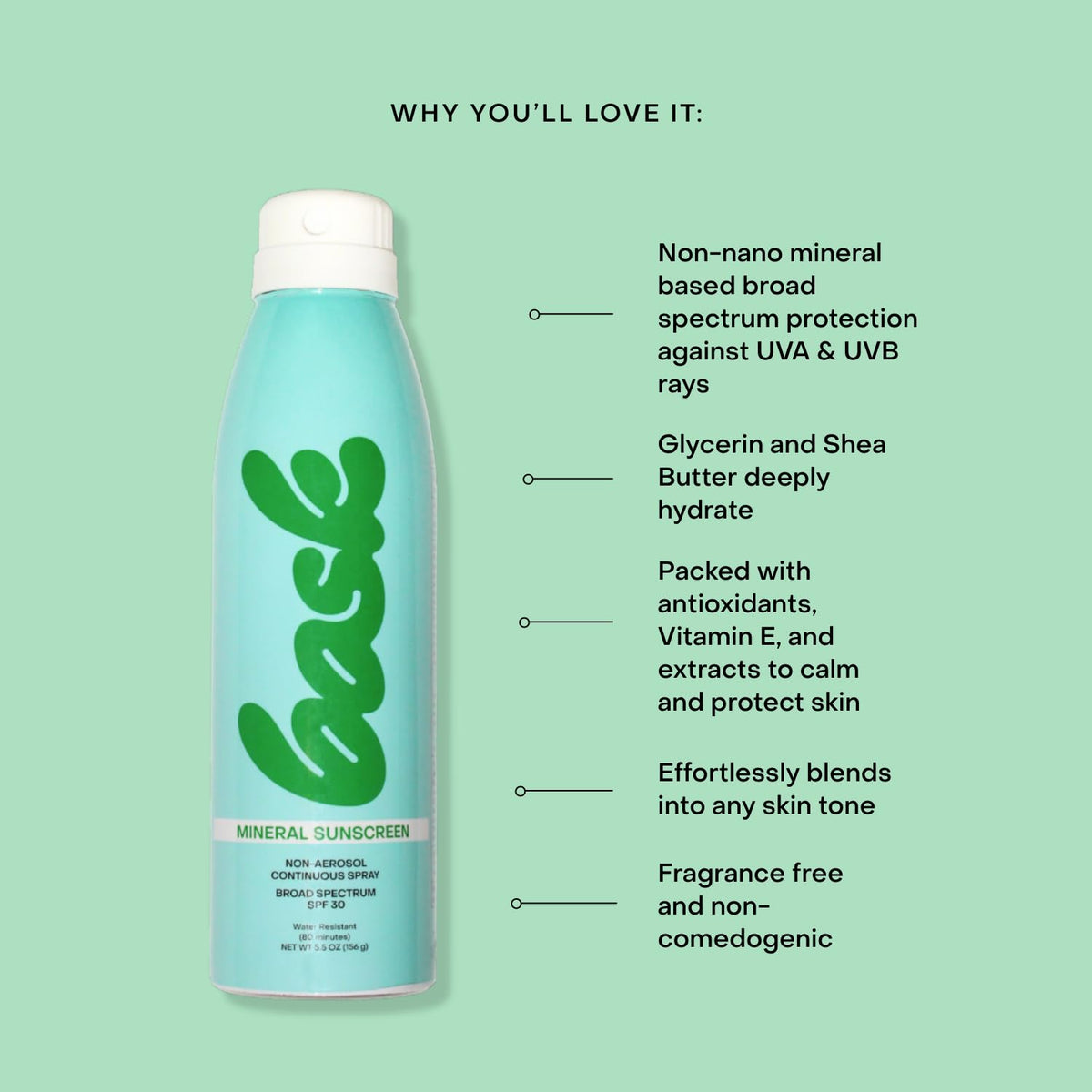 Bask SPF 30 mineral sunscreen spray non-aerosol design for flexible reapplication.