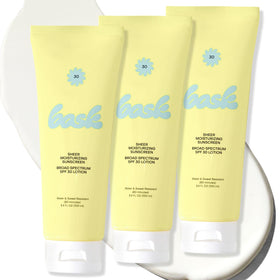 Bask SPF 30 sheer sunscreen lotion bottle with lightweight protection.