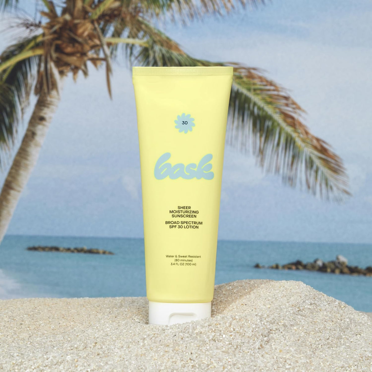 Close-up of Bask SPF 30 texture showing non-greasy absorption.