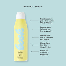 Bask SPF 30 spray demonstrates easy, everywhere application.
