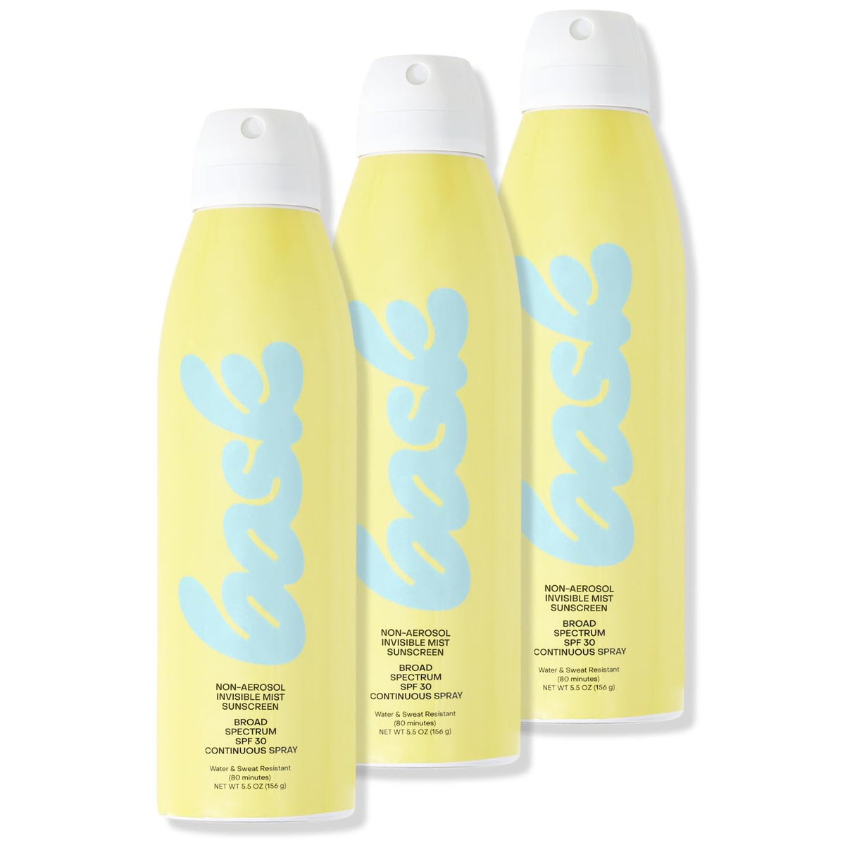 Bask SPF 30 sunscreen spray packaging highlights a value pack for beach days.