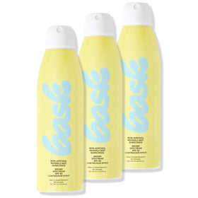 Bask SPF 30 sunscreen spray packaging highlights a value pack for beach days.