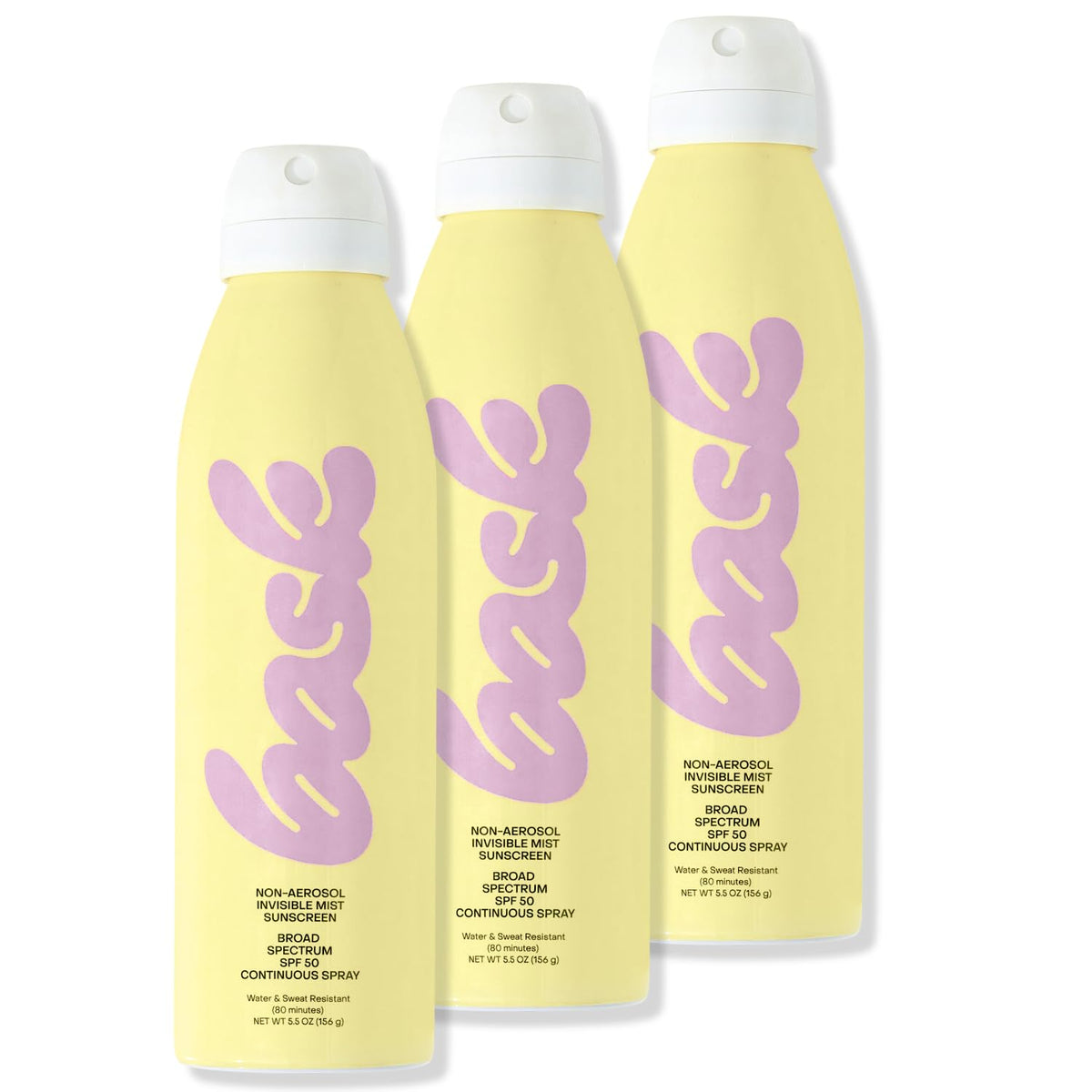 Bask SPF 50 sunscreen spray bottle close-up for easy, even coverage.