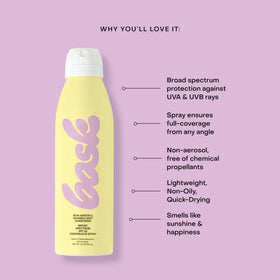 Bask water- and sweat-resistant sunscreen spray on skin.