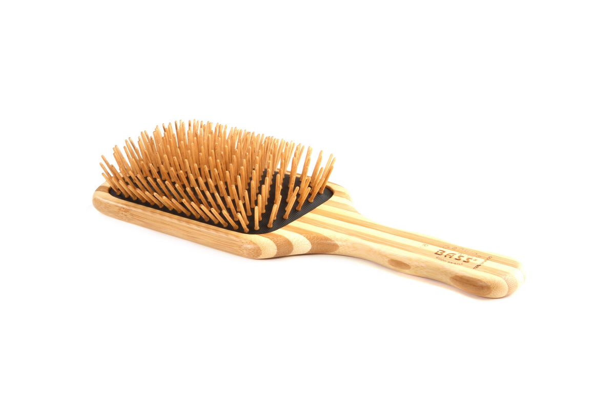 Bass The Green Brush bamboo pin close-up for gentle detangling