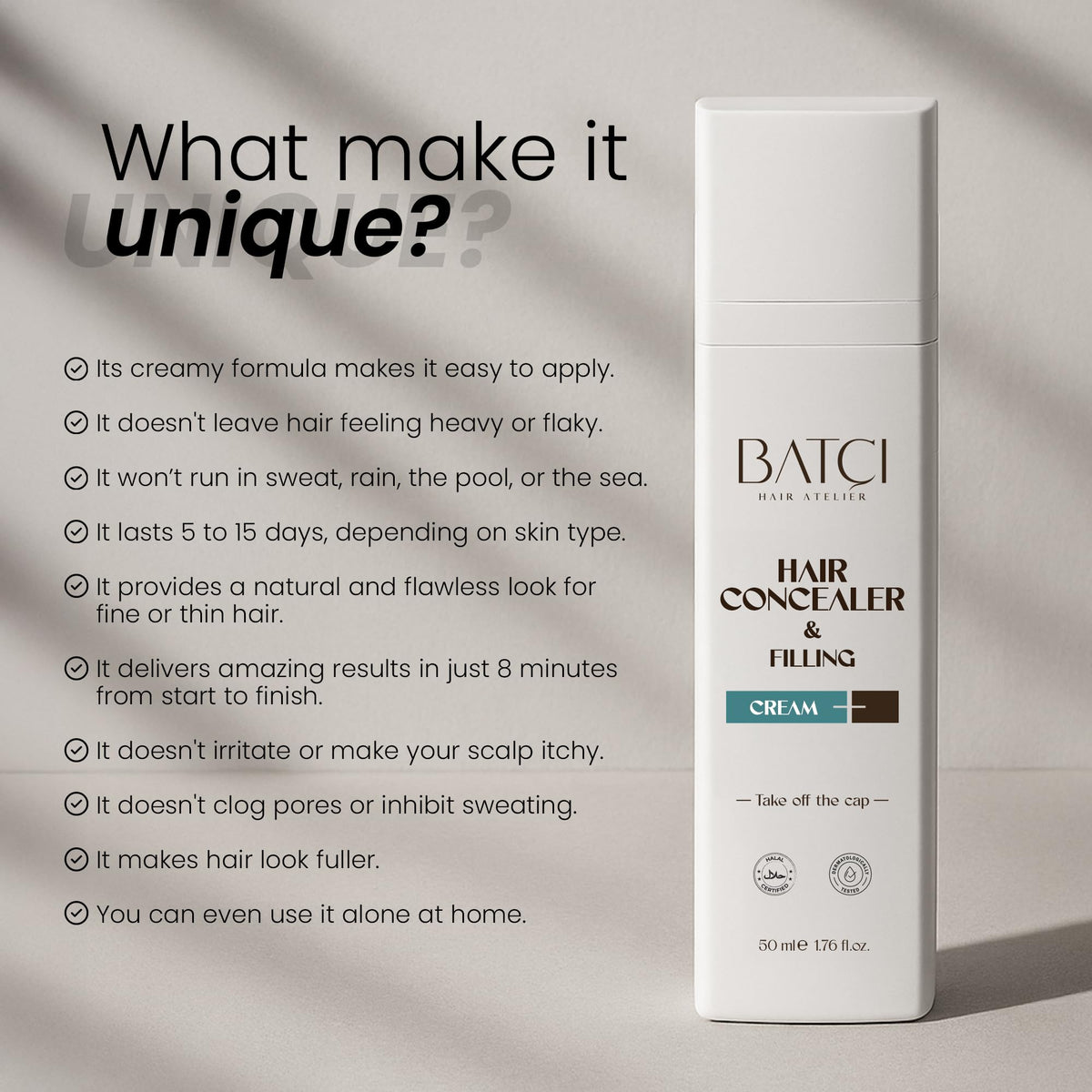 Batcı Hair Atelier cream-based coverage with no fallout.