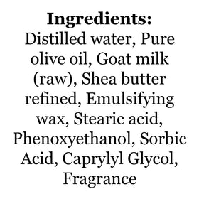 Ingredients scene featuring goat milk and shea butter, premium care.