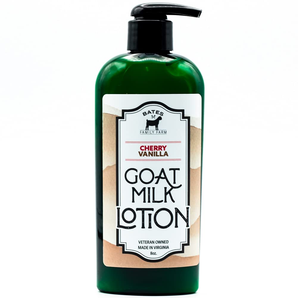 Bates Family Farm Goat Milk Lotion jar with Cherry Vanilla scent for smooth hydration.
