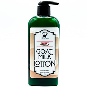 Bates Family Farm Goat Milk Lotion jar with Cherry Vanilla scent for smooth hydration.