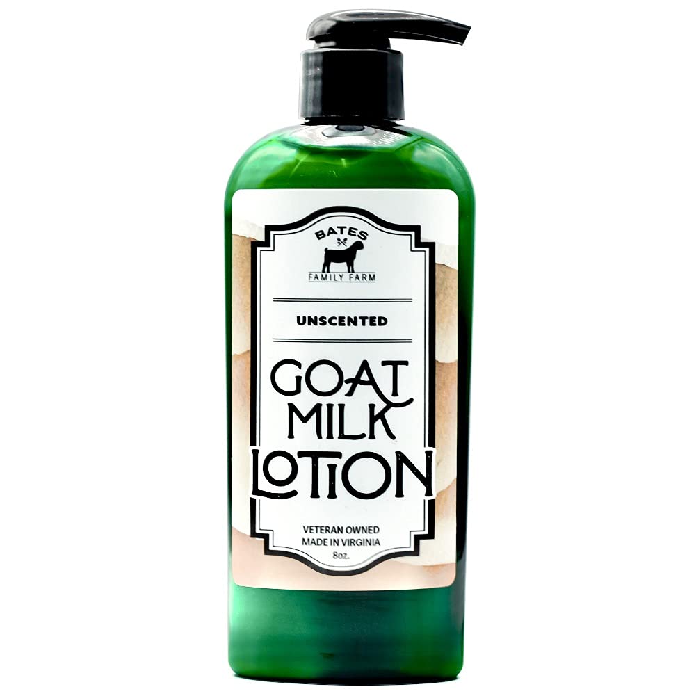 Bates Family Farm unscented goat milk lotion 8oz bottle closeup showing gentle hydration