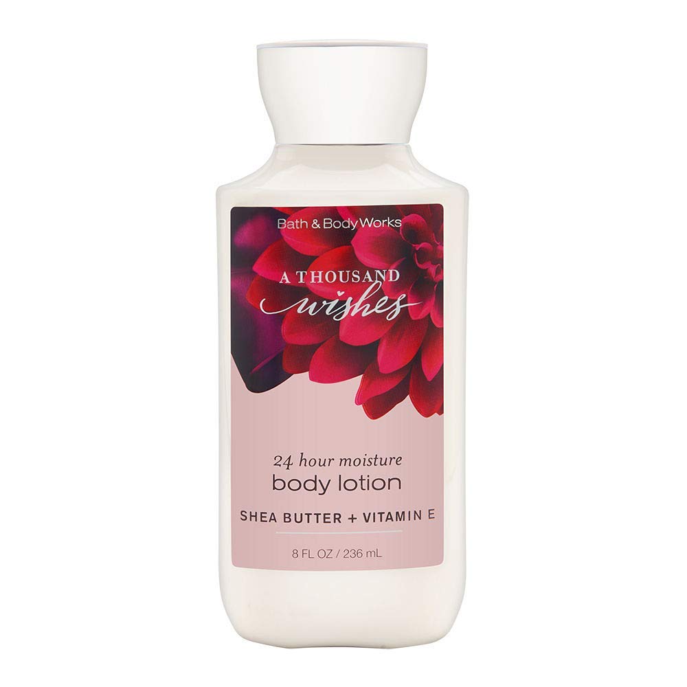 Bath & Body Works A Thousand Wishes bottle on a vanity, hydrating and uplifting scent.