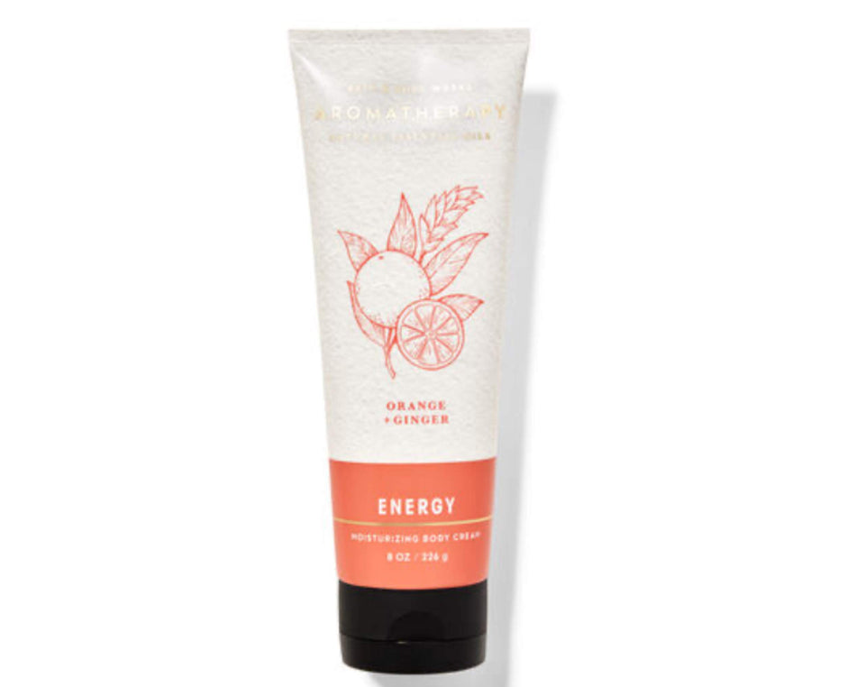 Bath & Body Works Aromatherapy Energy Body Cream bottle with orange-ginger scent for mood uplift.