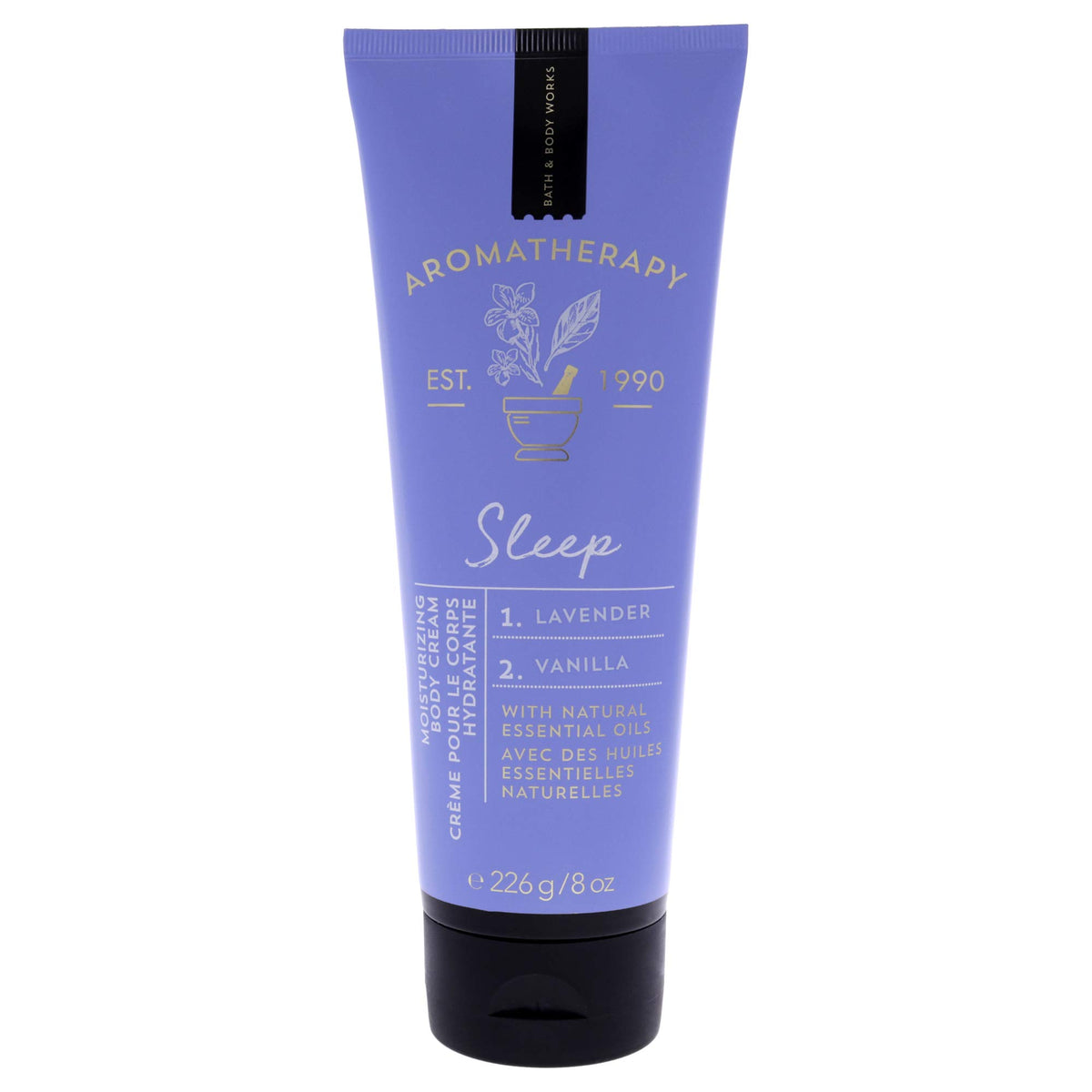 Bath & Body Works Aromatherapy Sleep lavender-vanilla body cream bottle promotes relaxation.