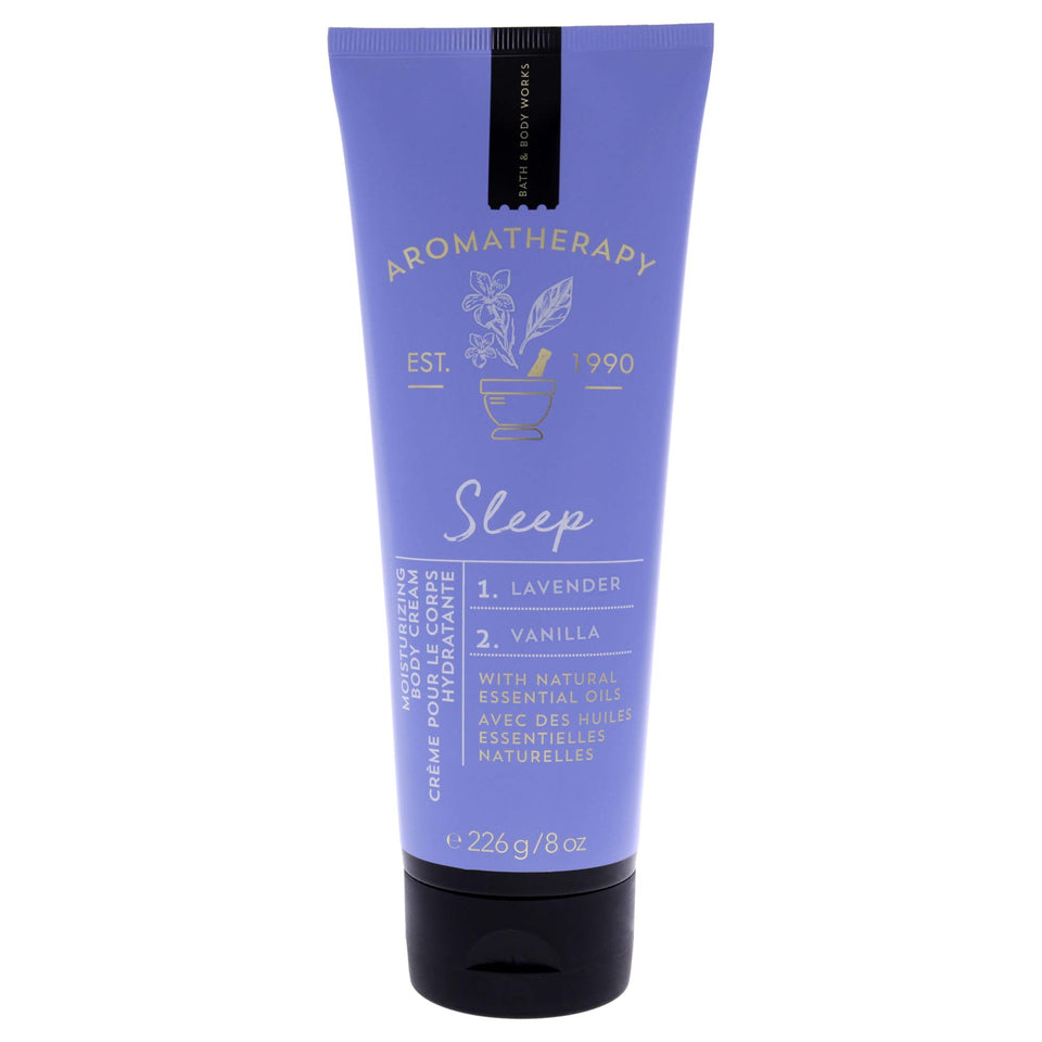 Bath & Body Works Aromatherapy Sleep lavender-vanilla body cream bottle promotes relaxation.