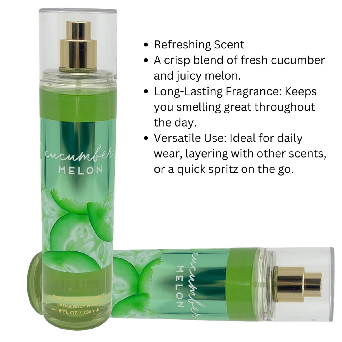 Spray from Bath & Body Works Cucumber Melon Fragrance Mist Splash delivers a quick, uplifting aroma.