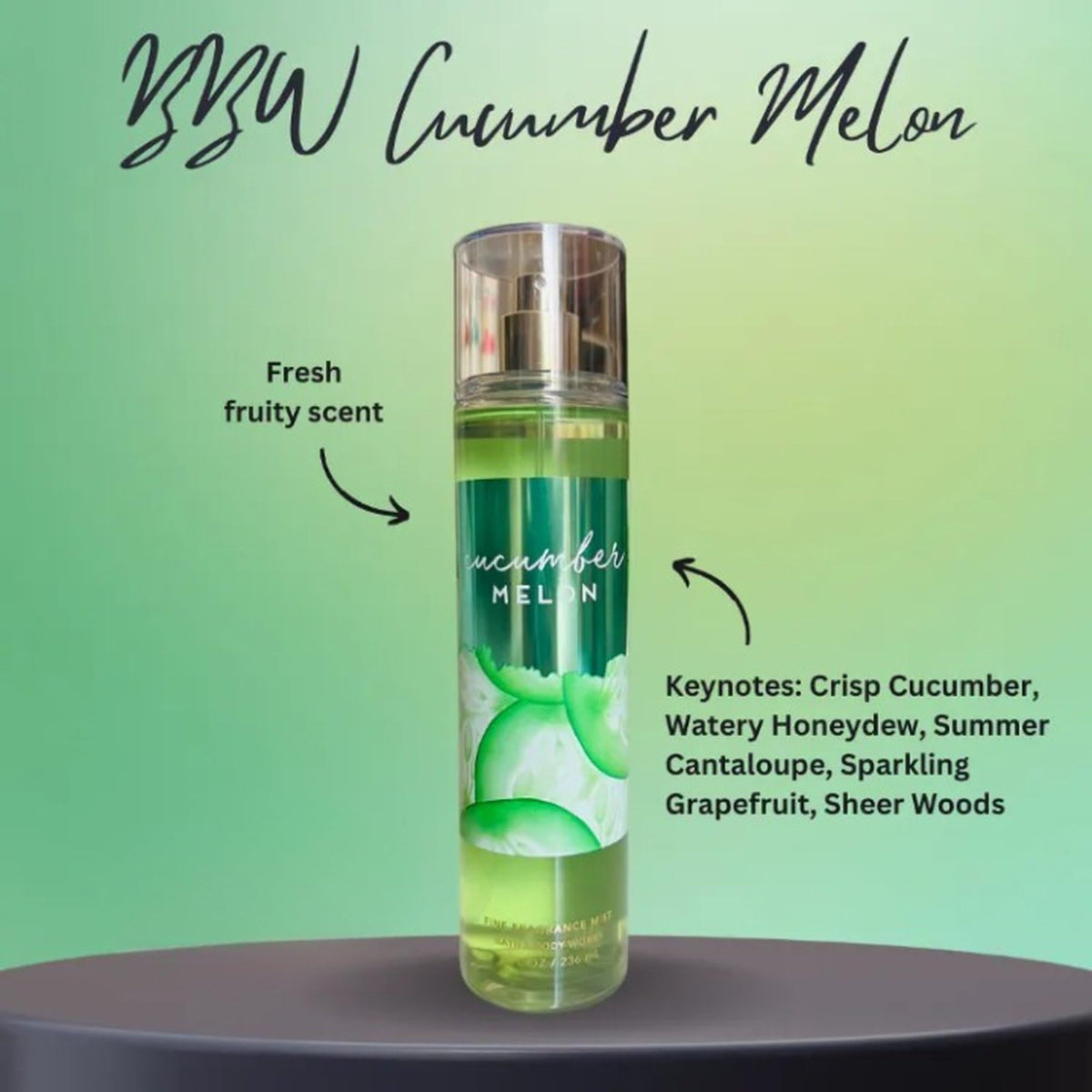 Close-up label reveals crisp cucumber and melon notes for a refreshing aura from Bath & Body Works.