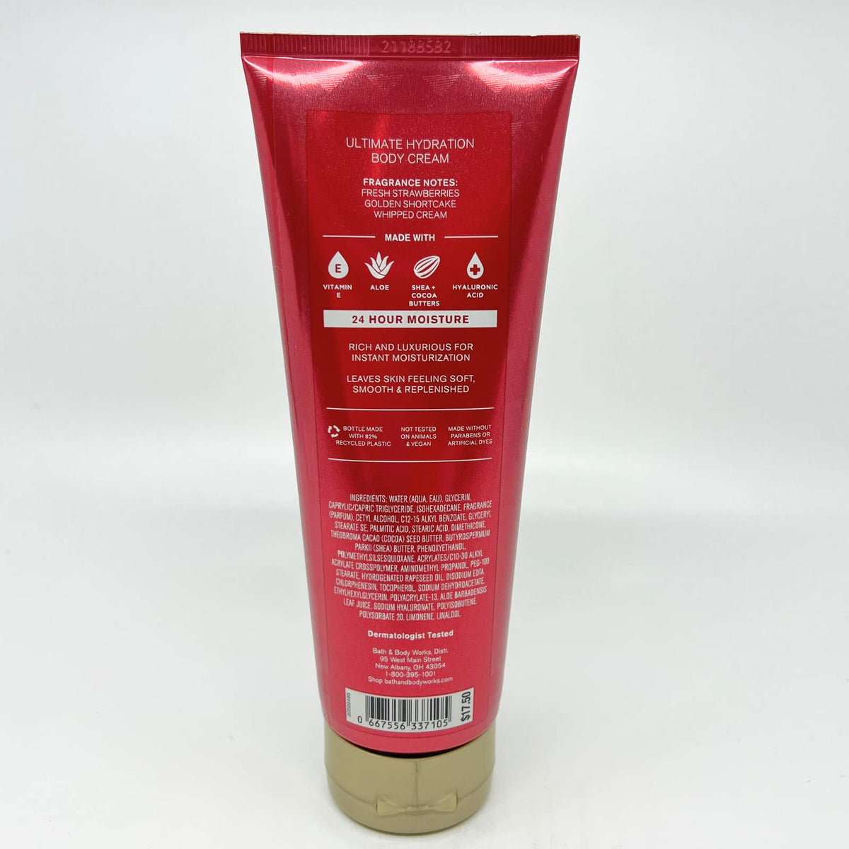 Bath and Body Works Strawberry Pound Cake bottle with dermatologist-tested label for reassurance