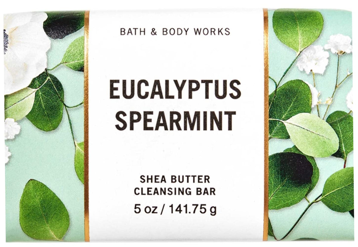 Bath & Body Works Eucalyptus Spearmint bar soap packaging highlighting 100% recycled materials.