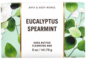 Bath & Body Works Eucalyptus Spearmint bar soap packaging highlighting 100% recycled materials.