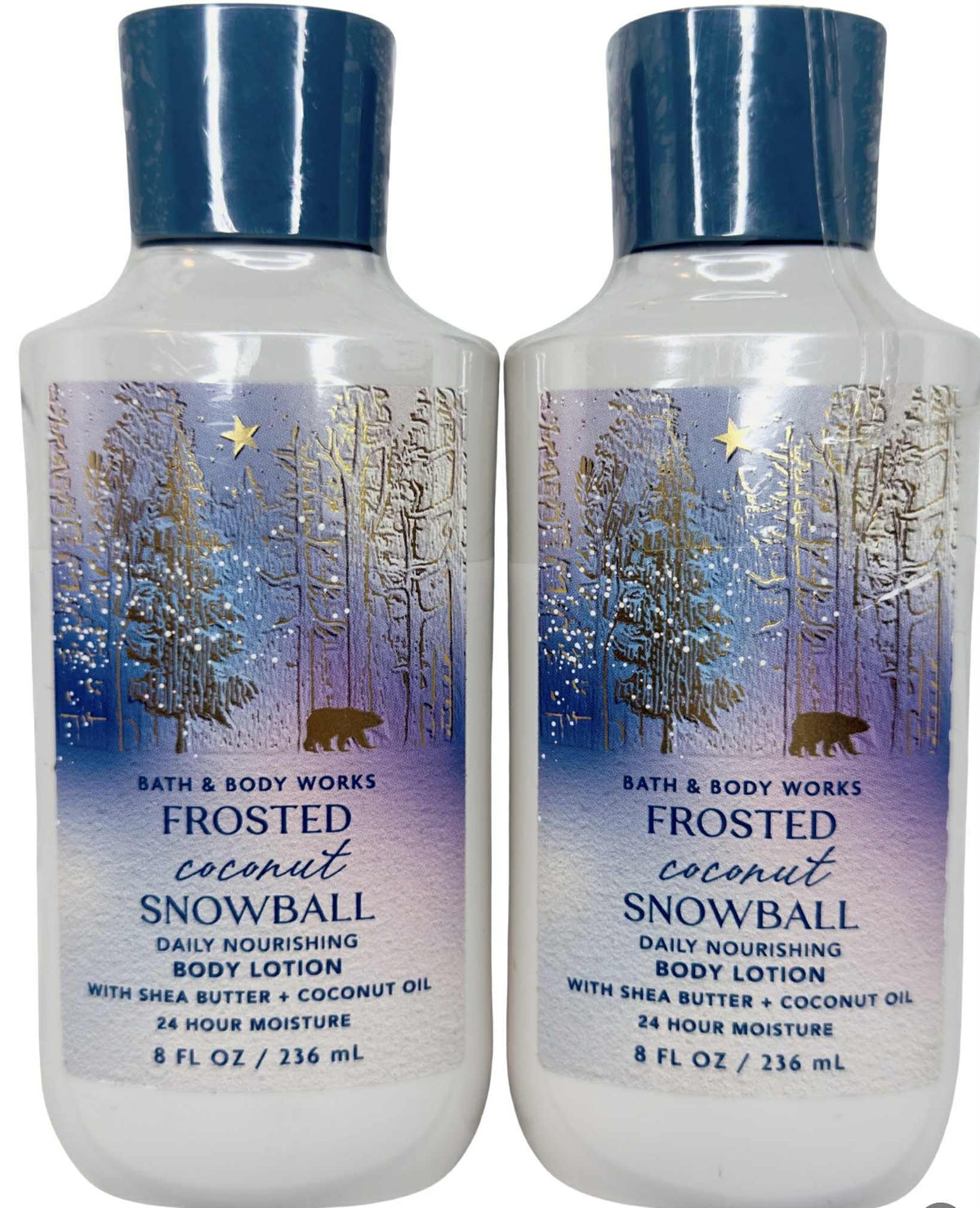 Bath & Body Works Frosted Coconut Snowball two-pack bottle for daily hydration and fragrance.